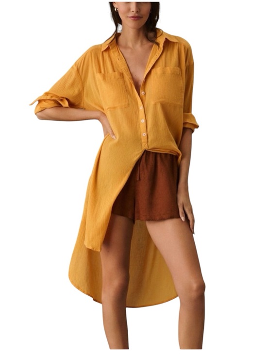 Anthropologie Tops - Anthropologie Gauze Duster Tunic Shirt  XL Button Front Mango Yellow High-Low